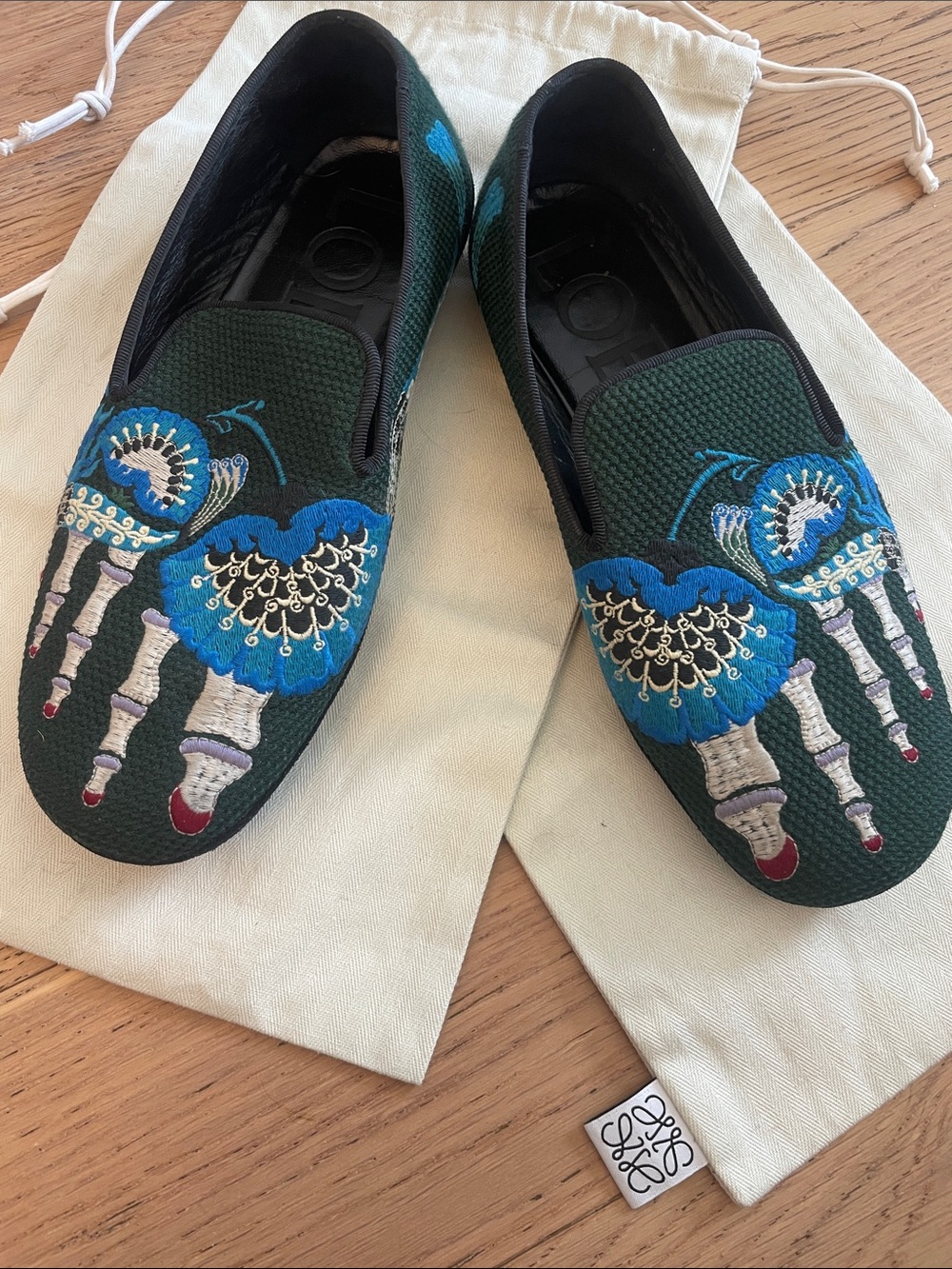 Loewe Embroidered Bone Crane Loafers Size 38 Green Velvet Luxury Flats - Picture 5 of 16